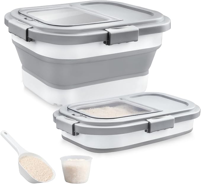 Rice Storage Container, Collapsible Airtight Food Storage Containers 6-20 Lbs, Rice Dispenser Bin with Cup and Scoop for Flour Cereal Pasta Grain, Cat Bird Pet Dog Food Storage Container