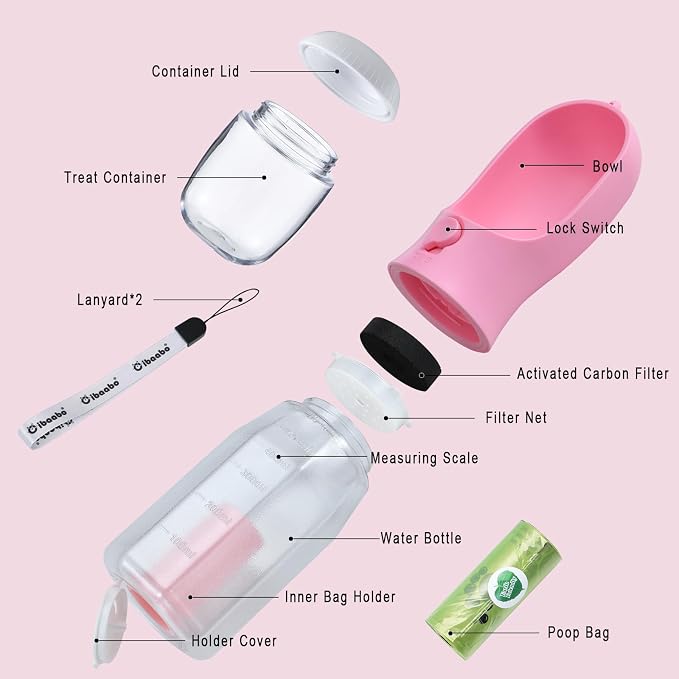 Cibaabo Dog Water Bottle with Food Container & Poop Bag Holder, Travel Water Bowl, Portable Pet Dispenser, Girl Dog Accessories Stuff Items Essentials Gift for Yorkie Chihuahua Walking Hiking