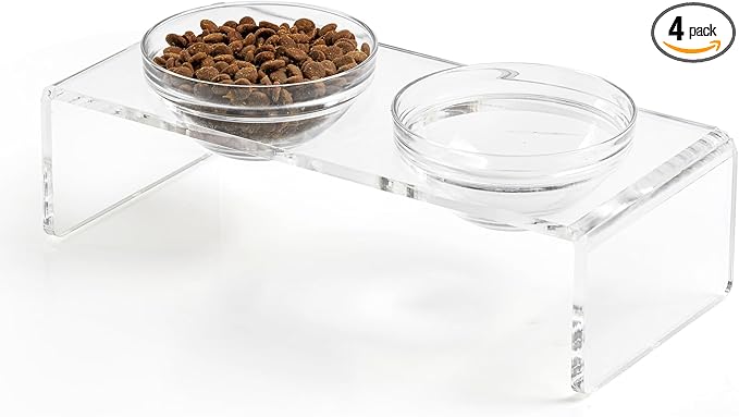 Feoyoho Elevated Acrylic Pet Bowl Stand – Raised Cat & Dog Bowls with 2 Glass & 2 Stainless Steel Bowls, Modern Clear Design, Non-Slip, Easy to Clean, Perfect for Small Pets, 3.75" Tall