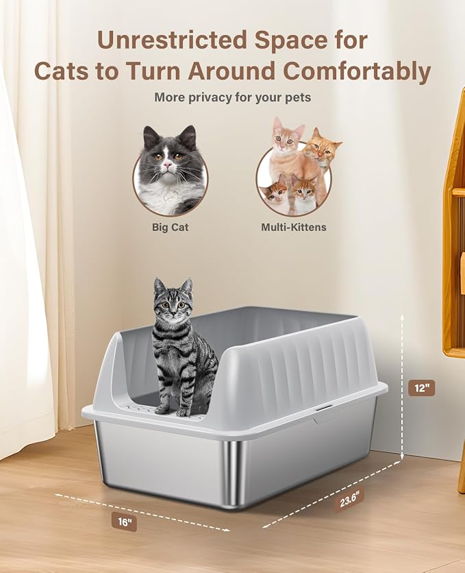 Stainless Steel Cat Litter Box XL with Lid, Enclosed Metal Extra Large Litter Box Pan High Sided with Scoop for Big Cats, Non-Sticky, Anti-Urine Leakage, Easy Cleaning (Light Gray, Large)