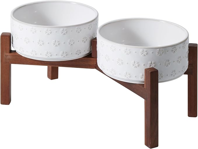 Havniva 7.3" Elevated Dog Bowls Ceramic Raised Dog Bowl with Non-Slip Stand (Acacia Wood) Weighted Dog Food & Water Bowl for Medium Breed Dogs - 5 Cups 41 oz