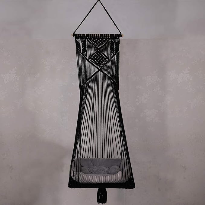 Macrame Hanging Cat Hammock Bed Cat Swing House Space Saving Window Perch with Washed Cotton Cats Toy Tassel Basket Tapestry (Black, Swing Bed+Cushion, L)