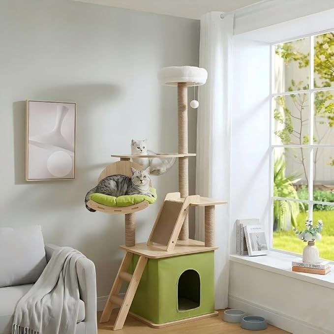 59.1-Inch-Green Cat Tree for Indoor Cats Large Adult, with Cat Condos,Cat Scratchers,Cat Hammock,Space Capsule, Plush Jumping Platform,Hanging Ball,Cat Trees for Indoor Cats(Green/Log Color)