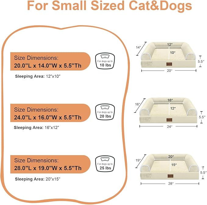 NANUYA Orthopedic Dog Bed for Medium Dogs, 28 x 19 Inch, Beige | Egg crate foam for joint support, 3-sided bolster pet sofa, waterproof lining, washable cover, and non-skid base