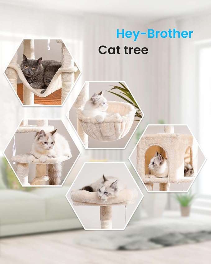 Hey-brother Cat Tree, Multi-Level Sisal Covered Scratching Posts, MPJ050M | 60.6 Inches Tower with Condo, Large Hammock, Top Perch, Toy Ball for Indoor Multi-Cats Households, Beige