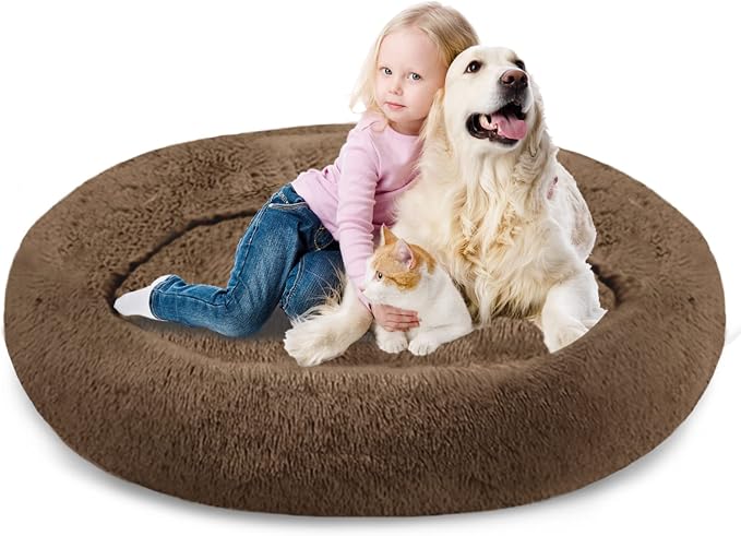 SAVFOX 54 inches Calming Donut Dog Bed - 3X Durable Plush Faux Fur, Machine Washable & Non-Slip, Fits up to 210 lbs, Removable Cover, Brown