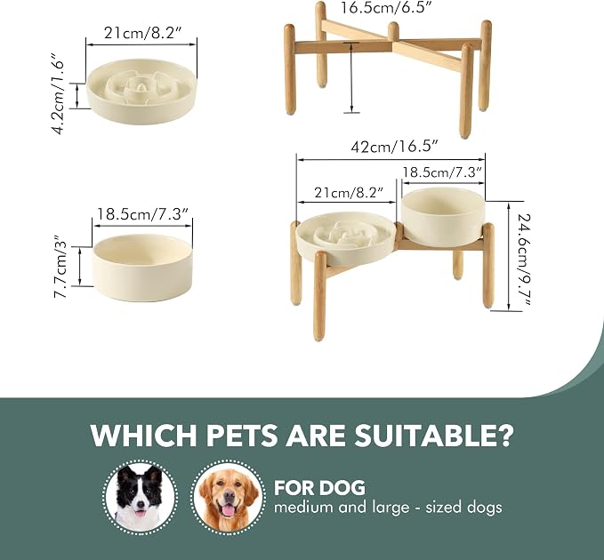 Havniva 8.2” Raised Slow Feeder Dog Bowls Set, 1.6 Cups Ceramic Slow Feeder Dog Bowl and 7.3” Dog Water Bowl with Elevated Wooden Stand Puzzle Dog Food Bowl for Medium Dogs Anti-Gulping & Anti-Choking