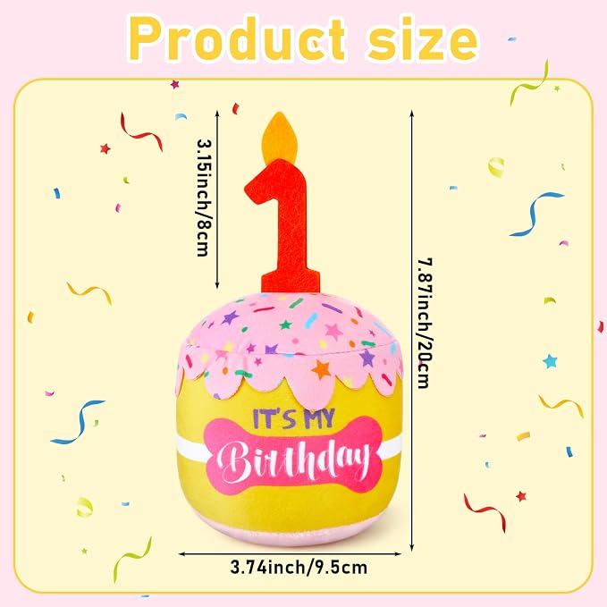 Dansydaisy Dog Birthday Cake Toy Squeaky Plush Toy for Girl Boy Gifts, Chew Accessories for Dog Birthday Party Decor Favor for Large, Medium and Small Dogs(1st,Pink and Yellow)