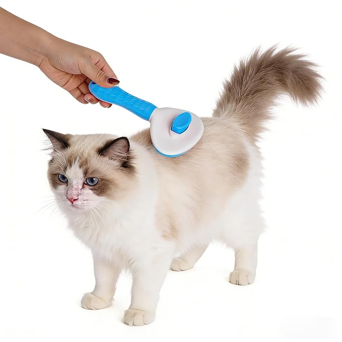 1Pc Cat Hair Brush Self Cleaning Slicker Brush with Release Button Pet Grooming Tool Skin Friendly Deshedding Brush for Dogs and Cats Easy Clean Blue 7.48 x 3.94 in