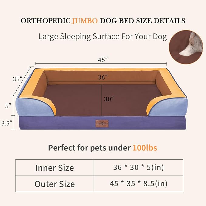Comfort Expression Orthopedic Dog Bed for Extra Large Dogs with Bolster | Waterproof Dog Couch Bed with Washable Cover & Non-Slip Bottom, Supportive Egg Crate Foam XL Pet Bed, 45x35 Inch