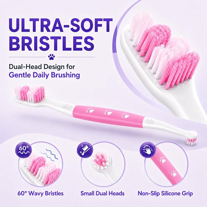 Dog Toothbrush, Dual-Head, for Medium-Large Dogs,Pink | Soft Bristles for Gentle Cleaning, 60° Curved Bristles for Better Coverage, Comfortable for Sensitive Gums