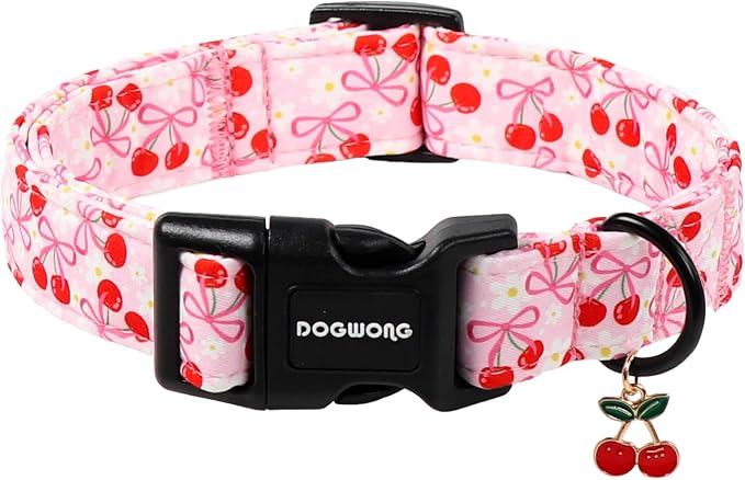 DOGWONG Pink Dog Collar- Cute Cherry Flower Dog Collars Adjustable Girl Female Puppy Dog Collar for Small Dogs Cats, XS