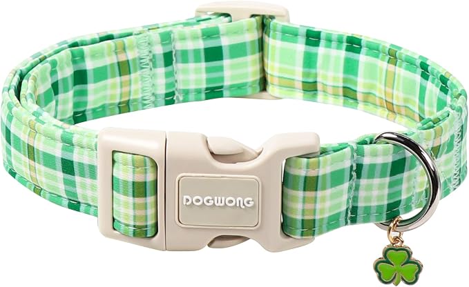 DOGWONG St. Patrick's Day Dog Collar, Cute Green Plaid Dog Collars, Adjustable St. Patrick's Day Pet Collars Design Dog Collar with Quick Release Buckle for Boy Female Dogs