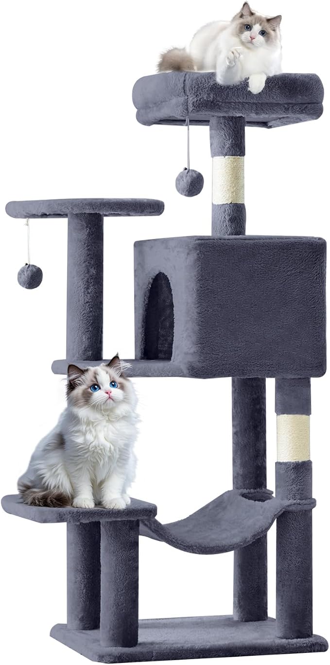 44 Inch Small Cat Tree Tower for Indoor Cats and Kittens | Multi-Level Cat Climbing Tower with Natural Sisal Scratching Post and Hammock, Pet Condo, Grey