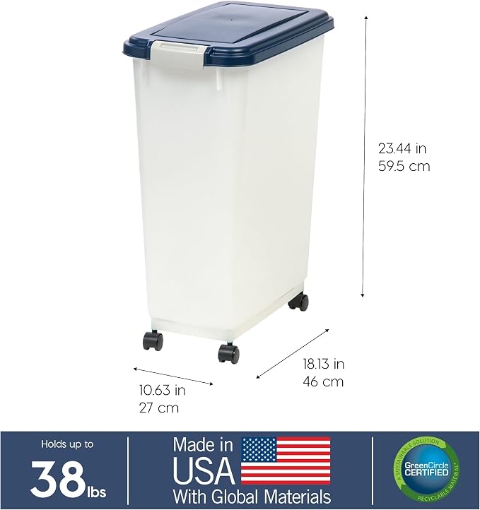 IRIS USA Dog Food Storage Container, Up to 38 lbs, Navy/Pearl, Made in USA | Wheels for Mobility, Airtight Seal, BPA-Free, Best for Bird Seed, Cat food, Cat Litter, Chicken Feed, Pellets