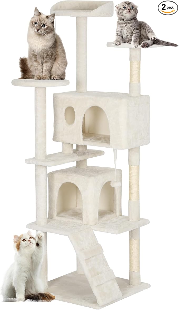 FDW | 62" Cat Tree Tower | Beige | Multi-Level Indoor Activity Center with Sisal Scratching Posts, Condos, Plush Perches, Hanging Cat Toys | Sturdy, Easy to Assemble | for Kittens & Adult Cats