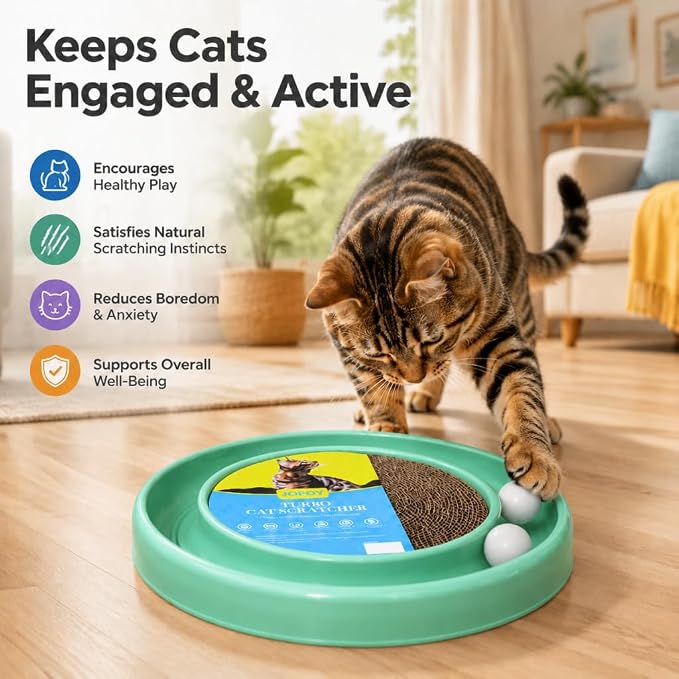 Cat Scratcher Toy Ball Track, Green | Round Interactive Scratching Board, Exercise Set, Indoor Cats, Adult and Kitten, Mental & Physical Stimulation