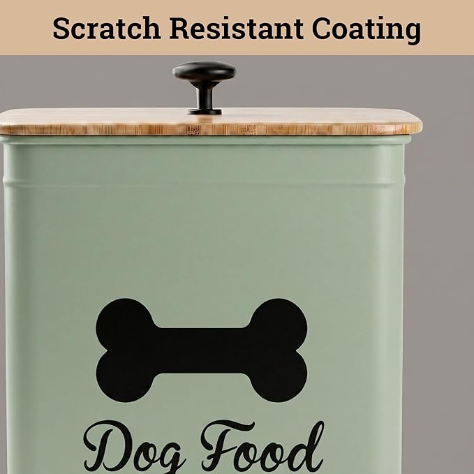 Dog Food Container Airtight Bamboo Lid 5-7 lb, 25 Cups, Sturdy Metal Handle | Pet Jar For Dogs up to 50lbs, Airtight Bamboo Lid, Sturdy Comfortable Metal Handle, Powder Coated Iron, Kibble Storage Bin