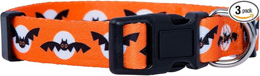 Native Pup Halloween Dog Collar- Spooky Fall Themed Horror Costume Collars- Skull, Pumpkin, Ghost, Bat, Witch, Candy Corn, Spider- Adjustable for Small, Medium, Large Breeds (Large, Bats and Moon)