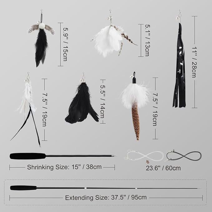 SONGWAY Cat Wand Toys for Indoor Cats - Cat Toy Set with Retractable Teaser Wand and 6 PCS Feather Toy Refills, Dragonfly Tassel Cat Toys Interactive, Black