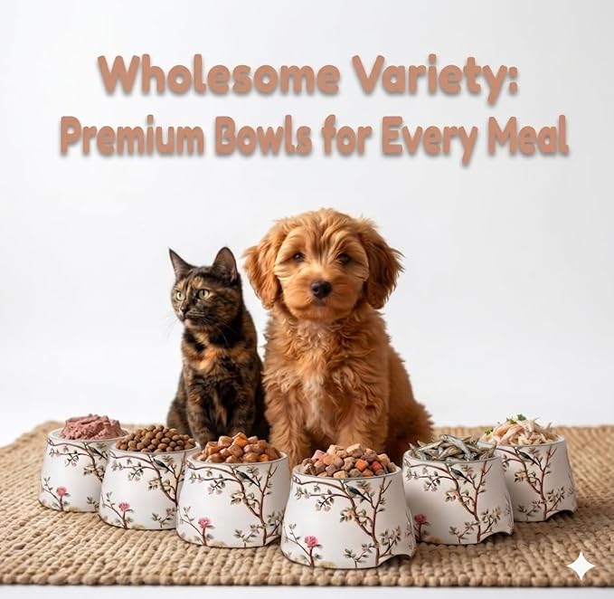 Ceramic Dog Bowl 5 inch Height for Cats and (10-25lbs) Small and Toy size Dogs includes Food-Grade 304 Stainless Steel Bowls Non-Slip 2 Cups(540ml) Bowl Feeder in an Artful and Design (White)