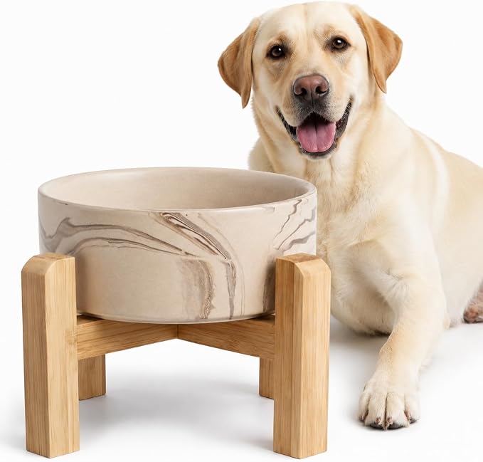 hjn Elevated Ceramic Dog Bowl with Bamboo Stand, Raised Pet Feeding Station for Small Medium Dogs Cats, Modern Design with Anti-Slip Base (Marble Brown, 7.6Cup)