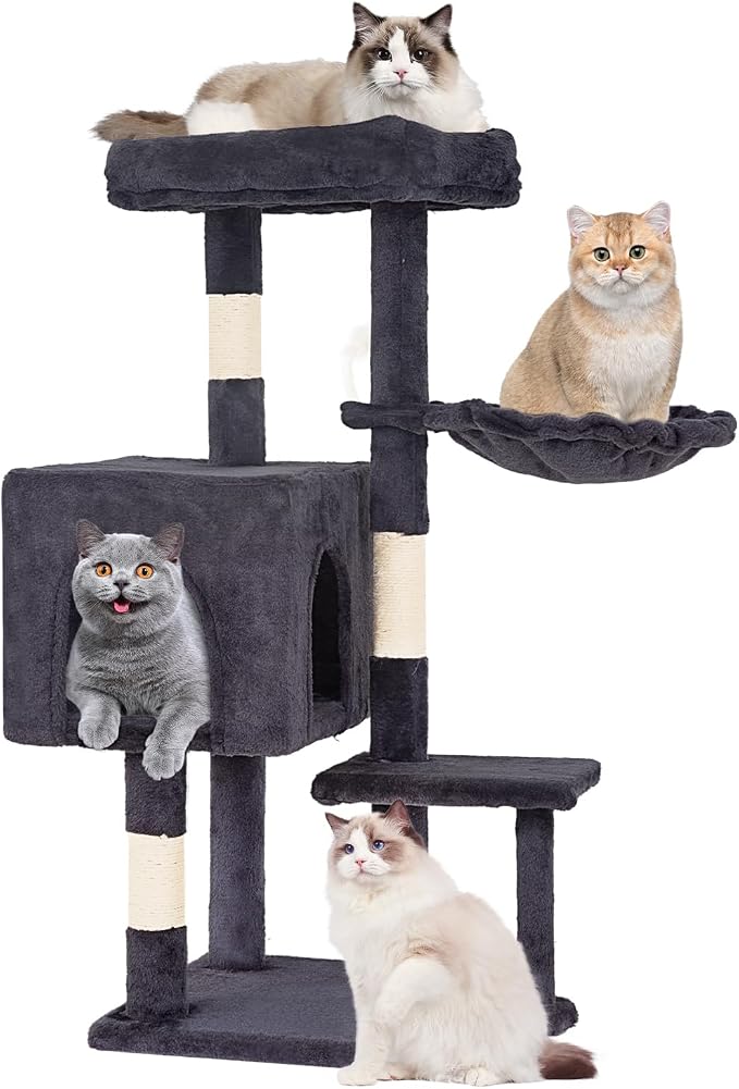 FDW | 37.8" Cat Tree Tower | Dark Gray | Multi-Level Indoor Activity Center with Sisal Scratching Posts, Condos, Plush Perches, Hanging Cat Toys | Sturdy, Easy to Assemble | for Kittens & Adult Cats