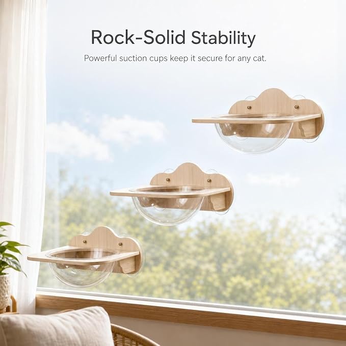 Cat Window Hammock with Wooden Frame Window Perch Shelf Bed Suction Cup Mount Resting Seat Wood and Glass Capsule Design Suitable for Apartment, Style to 1