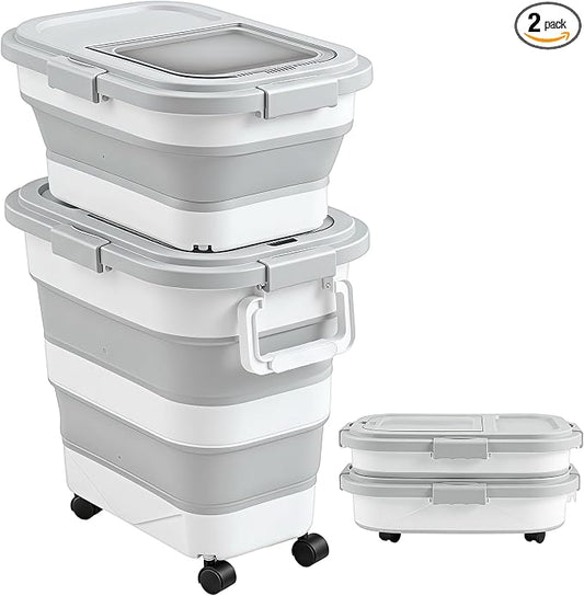 Sawysine 2 Pack 35Lbs & 20Lbs Airtight Dog Food Storage Container | Collapsible Design, with Attachable Casters, for Pet Food, Cat Litter, Rice Storage, Keep Dry Food Fresh, Easy to Move