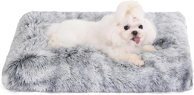 Bedfolks Waterproof Crate Bed, Plush Dog & Cat Bed with Removable Washable Cover, Faux Fur Kennel Pad, 23"x18", Dark Grey
