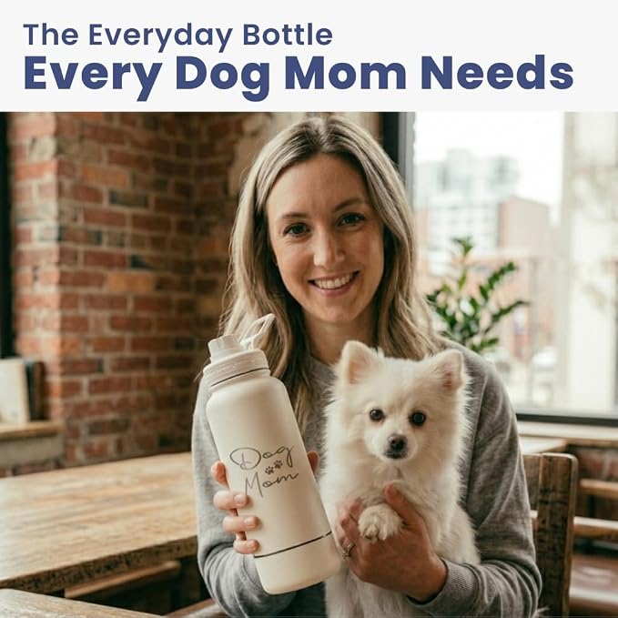 Dog Mom Water Bottle - 32 oz Stainless Steel Double Wall Insulated with 8 oz Detachable Bowl on Bottom - Cool Dog Mom Gifts for Women for Hiking, Walking, Travel and Everyday Adventures - DM Cream