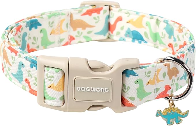 DOGWONG Dinosaur Cotton Dog Collar, Summer Cute Dog Collar Durable Soft Fabric Male Pet Dog Collars Boy Puppy Necklace for Small Medium Large Dogs