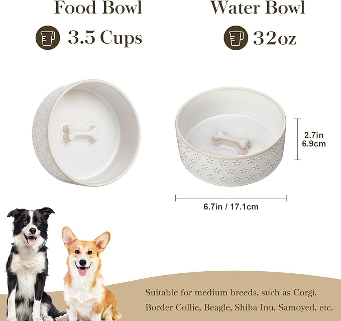 MALACASA Ceramic Dog Food Bowl, Water Dish for Medium Breeds, 3.5 Cups | Five-Leaf Grass Pattern, Ceramic Pet Bowl, Food and Water Dish, Dishwasher and Microwave Safe, for Medium Dogs