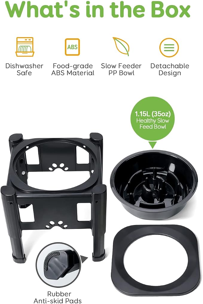 Elevated Slow Feeder Bowls - Adjustable Raised Dog & Cat Bowl | 3 Heights (6.1", 7.7", 9.3") for Medium & Small Pets, Mess Proof & Non-Slip Dish Feeder