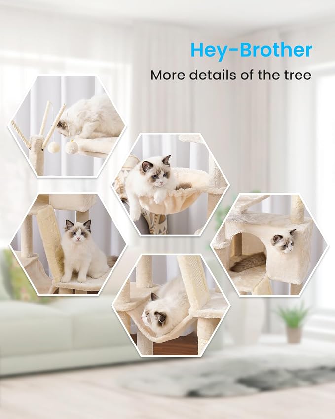 Hey-brother Cat Tree Tower with Padded Platform Bed, Hammock, MPJ019-SM | 53 Inches Cat House with Large Cozy Condo, Toy Balls and Sisal Scratching Posts for Indoor Multi-Cats, Beige