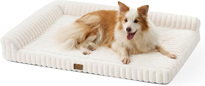 COZY KISS Faux Rabbit Fur Large Dog Bed – 44"x32" Orthopedic Foam Couch with Sides, Removable Washable Cover & Waterproof Lining, Cream