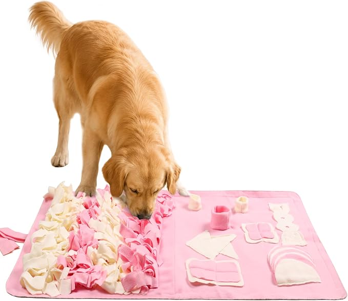 Snuffle Mat for Dogs: Slow Food Interactive Experience - 7 Enrichment Foraging Games for Large Dog Owners Needing to Burn Pet Energy - Washable 1000 Times - 22x38 inch - Pink