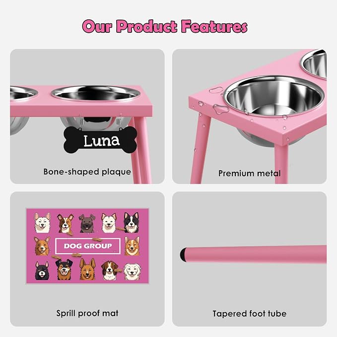 ADENGL Raised Dog Bowl Stand for Large Medium Dogs, Elevated Dog Bowls with Sprill Proof Mat &Two 58OZ Stainless Steel Bowls,Pink