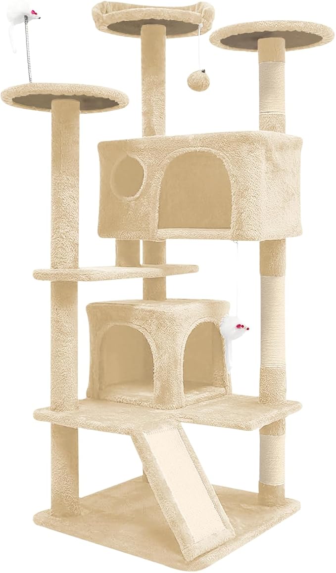 Aotaide 54in Cat Tree, Multi-Level Cat Tower,2 Cozy Caves, Scratching Posts, Climbing Ladder, Plush Balls, Durable Pet House Furniture for Indoor Kittens,Beige