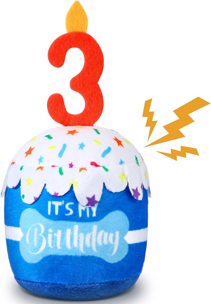 Dansydaisy Dog Birthday Cake Toy Squeaky Plush Toy for Girl Boy Gifts, Chew Accessories for Dog Birthday Party Decor Favor for Large, Medium and Small Dogs(3rd,Blue)