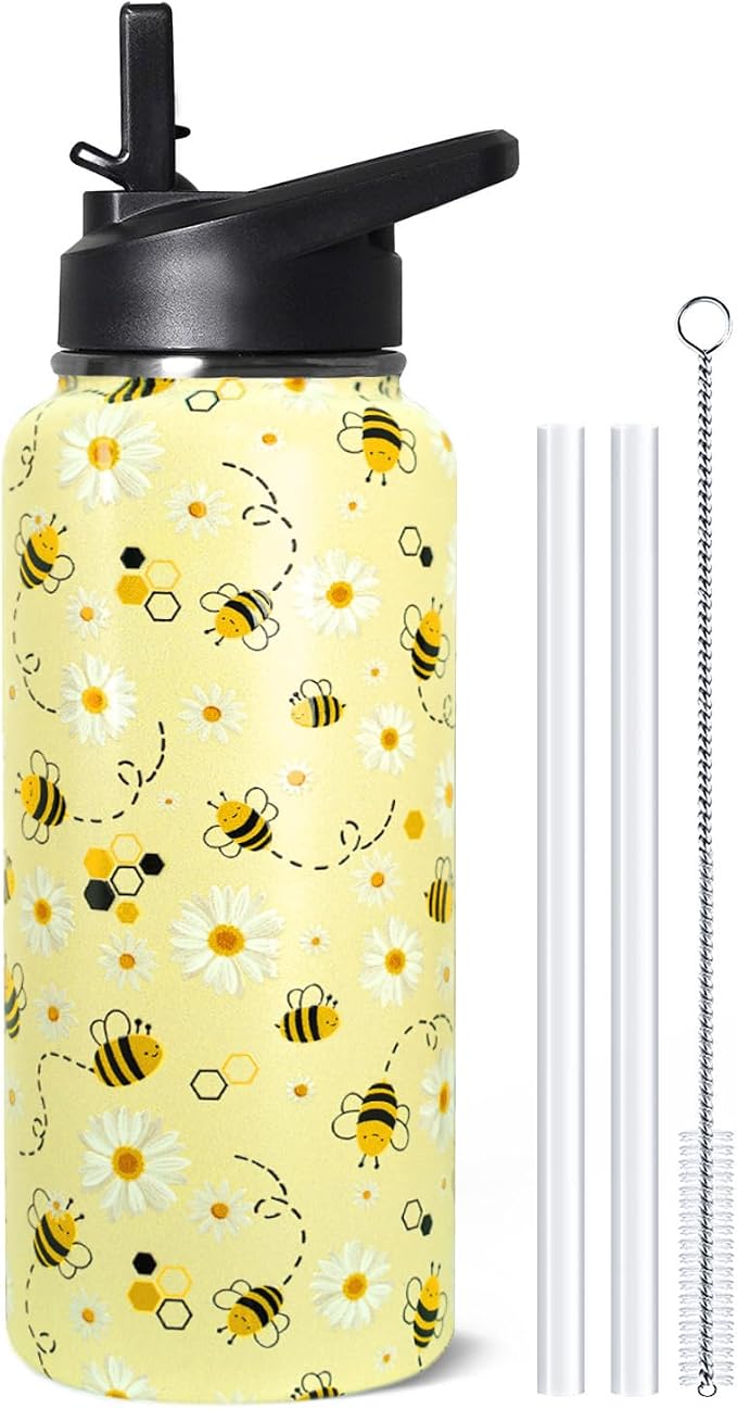 32oz Bee Insulated Aater Water Bottle with Straw, Bee Gym Hiking Sports Coffee Mug Cup Water Bottles,Bee Gifts for Women,Bee Decor Stuff Accessories