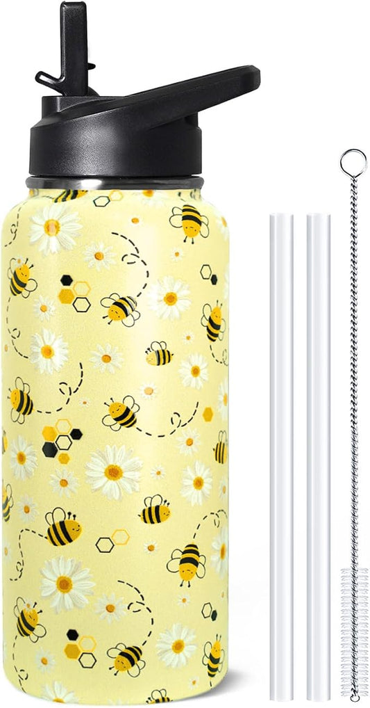 32oz Bee Insulated Aater Water Bottle with Straw, Bee Gym Hiking Sports Coffee Mug Cup Water Bottles,Bee Gifts for Women,Bee Decor Stuff Accessories
