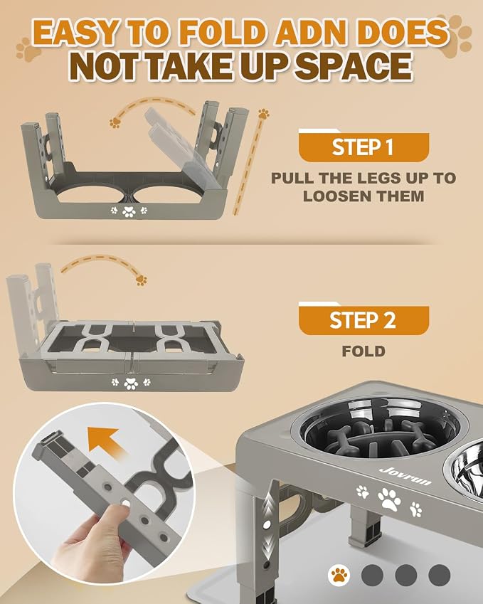 Jovrun Elevated Dog Bowls for Medium Large Dogs with Mat, Non-Slip Dog Feeder with 1*Stainless Steel Dishes & 1*Slow Feeder Bowl, 5 Heights Adjustable Raised Bowls for 3.15″-8.66″-9.84″-11.02″-12.2″
