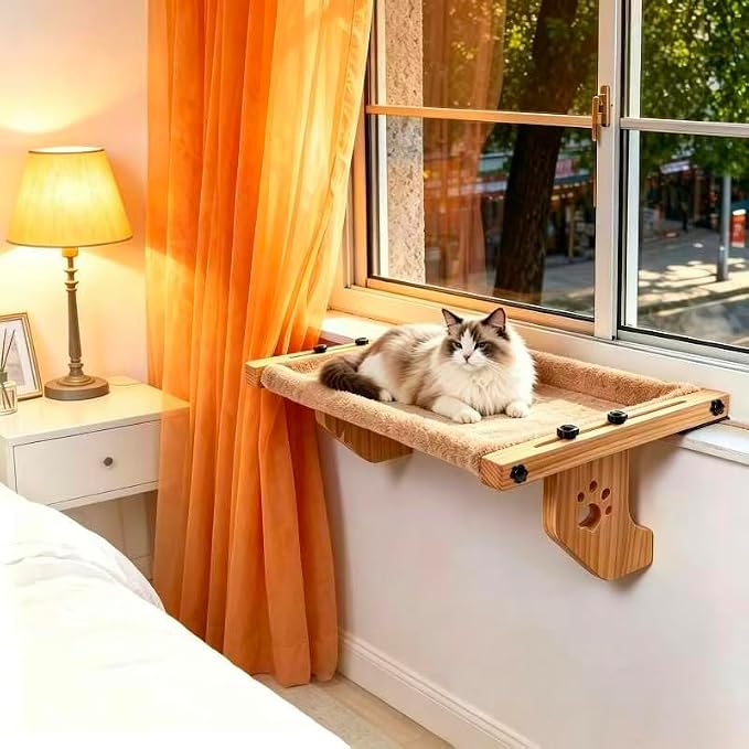 ESPETS Wooden Cat Window Bed for Large Cats, Khaki Cat Window Perch Hammock | Solid Wood Window Large Perch, Sturdy Large Size Shelves, Soft Thick Removable Cushion, Easy Assemble Adjustable, Hold 40LBS