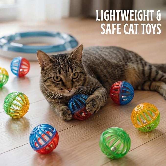 50-Pack Cat Toy Balls with Bells 1.6” Plastic Lattice Jingle Balls for Indoor Cats and Kittens Colorful Interactive Chasing and Batting Toys for Active Play