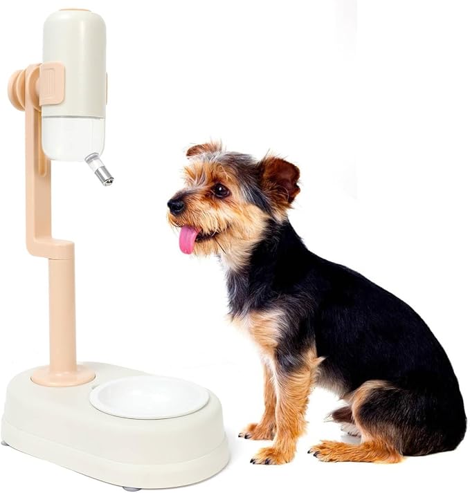 Pet Standing Water Dispenser Cat Dog Standing Ceramic Bowl Automatically Feeding Water Height Adjustable Detachable Pole (Pink-White, Large)