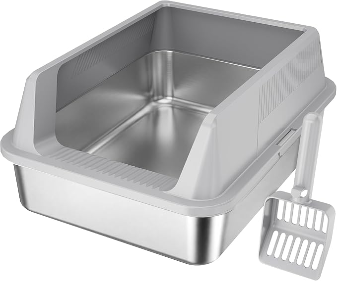 Lifewit Stainless Steel Litter Box for Kitty, Small Metal Cat Litter Tray with Non-Slip Pads, Anti-Leakage Top Entry and High Sided, Easy to Clean, 17.7" L×13.8" W×8.3" H, Gray