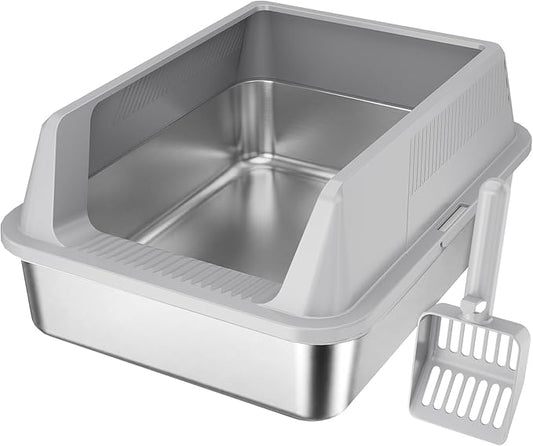 Lifewit Stainless Steel Litter Box for Kitty, Small Metal Cat Litter Tray with Non-Slip Pads, Anti-Leakage Top Entry and High Sided, Easy to Clean, 17.7" L×13.8" W×8.3" H, Gray