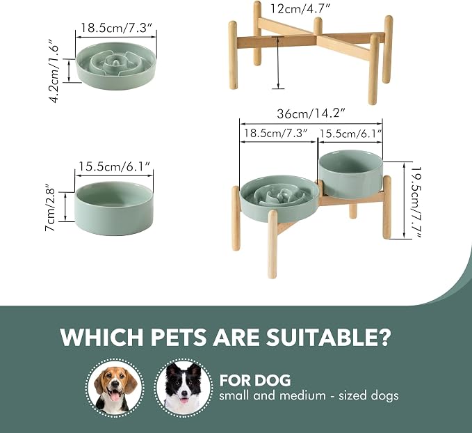 Havniva 7.3” Raised Slow Feeder Dog Bowls Set, 1.2 Cups Ceramic Slow Feeder Dog Bowl and 6.1” Dog Water Bowl with Elevated Wooden Stand Puzzle Dog Food Bowl for Small Dogs Anti-Gulping & Anti-Choking