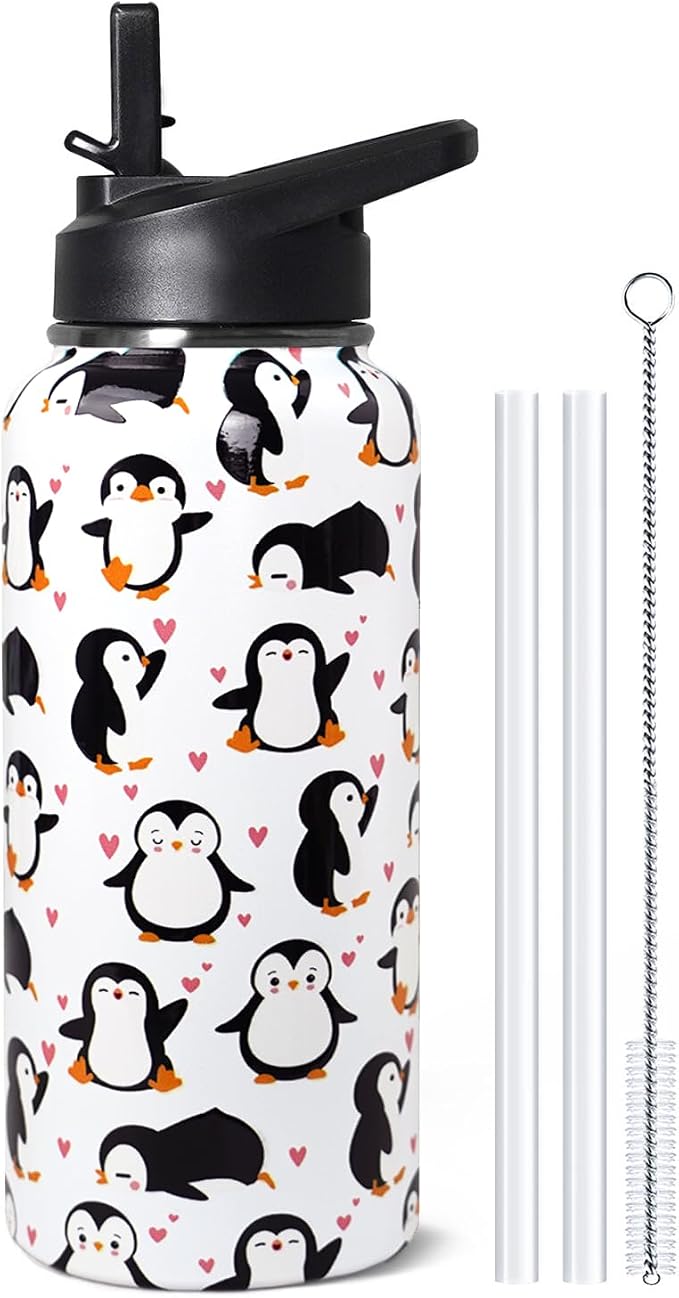 32oz Penguin Stainless Insulated Aater Water Bottle with Straw,Penguin Gym Hiking Sports Coffee Mug Cup Water Bottles,Penguin Gifts for Women,Penguin Decor Stuff Accessories